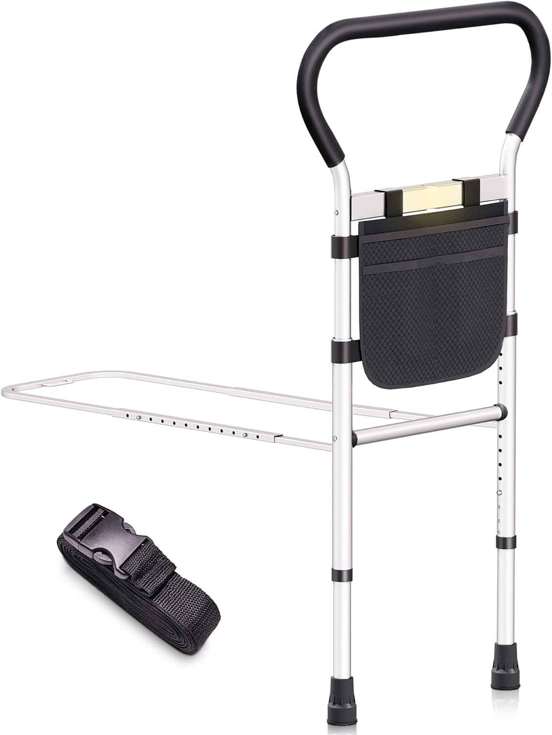 Bed Rails for Elderly Adults Safety, Bed Assist Bar with Motion Light & Storage Pouch, Adjustable Support Feet Bed Handles for Seniors, Anti-Fall Bedside Rail, Bed Grab Bar Bed Handrail Fits All Beds