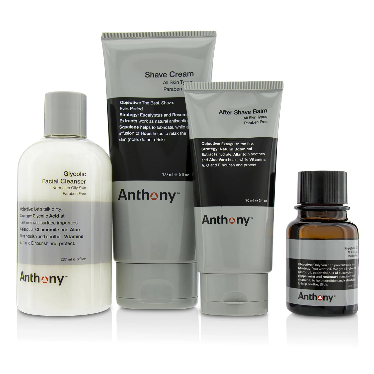 Anthony Logistics For Men The Perfect Shave Kit: Cleanser + Pre-Shave Oil + Shave Cream + After Shave Cream  4pcs
