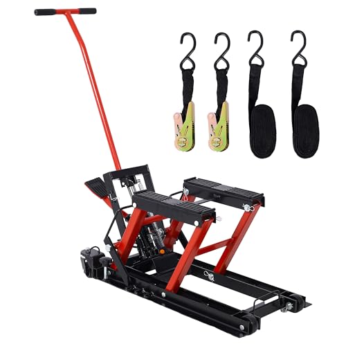 1500LBS Hydraulic Motorcycle Lift Jack, Foot-Operated ATV Scissor Lift Table with 4 Wheels & Tie-Down Straps, Portable Hoist Stand for Motorcycle/ATV/UTV, Grey