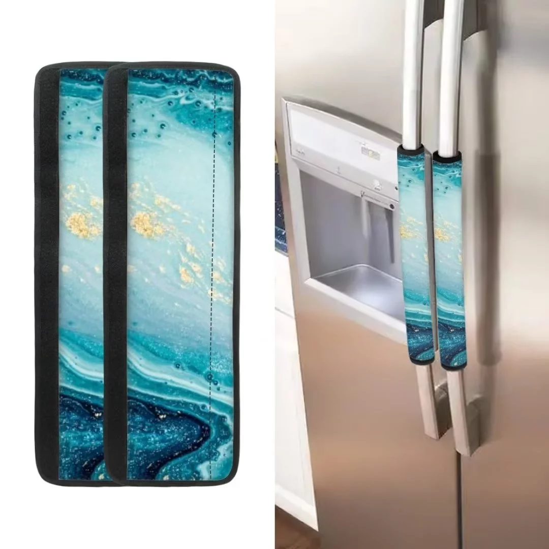 Renewold 4 Piece Refrigerator Door Handle Cover Anti-Scratch Oven Microwave Handle Protective Cover Blue Marble Stripe Decorative Kitchen Appliance Handle Cover