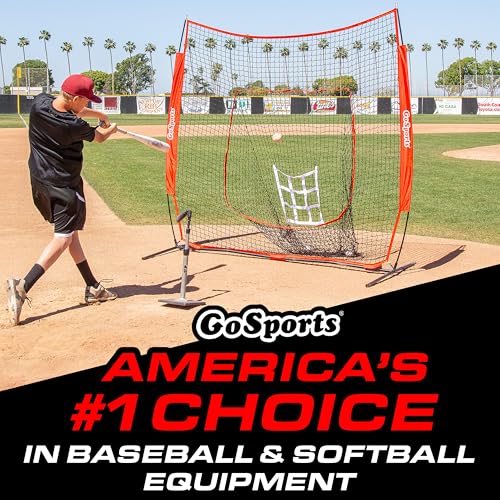 GoSports 7 ft x 7 ft Baseball & Softball Nets - Red, Black, or PRO -Practice Hitting & Pitching Net with Bow Type Frame, Carry Bag and Strike Zone, Great for All Skill Levels