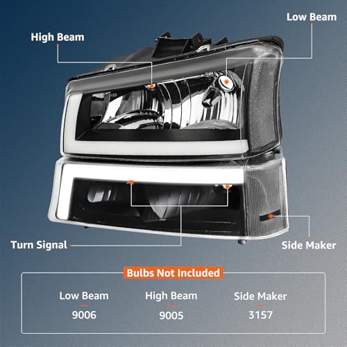 Headlights Assembly w/LED DRL compatible with 2003-2006 Chevy Silverado 1500 2500 3500, 03-06 Avalanche (No Cladding only), Headlamp w/Sequential Tun Signal