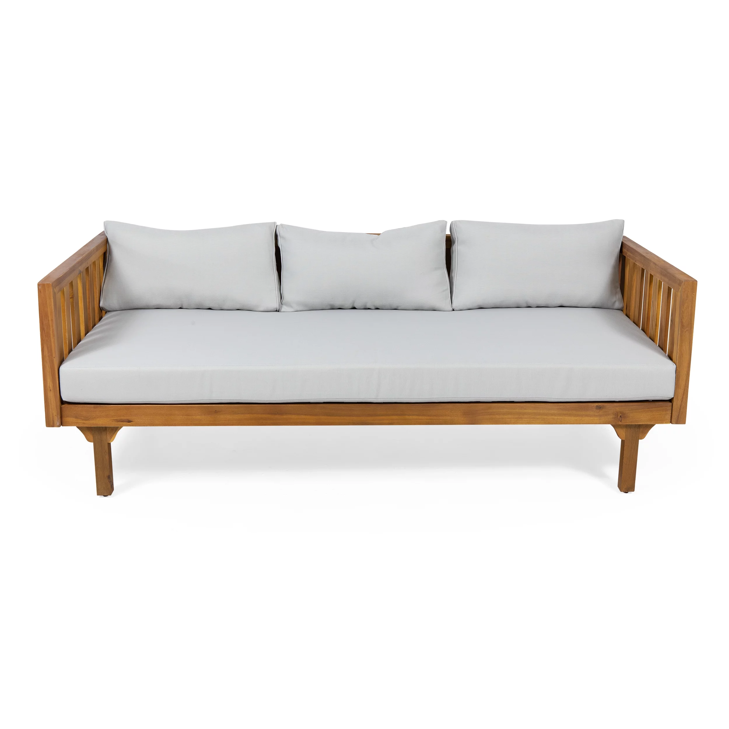 Noble House Lainey Outdoor 3-Seater Acacia Wood Daybed, Teak, Light Gray