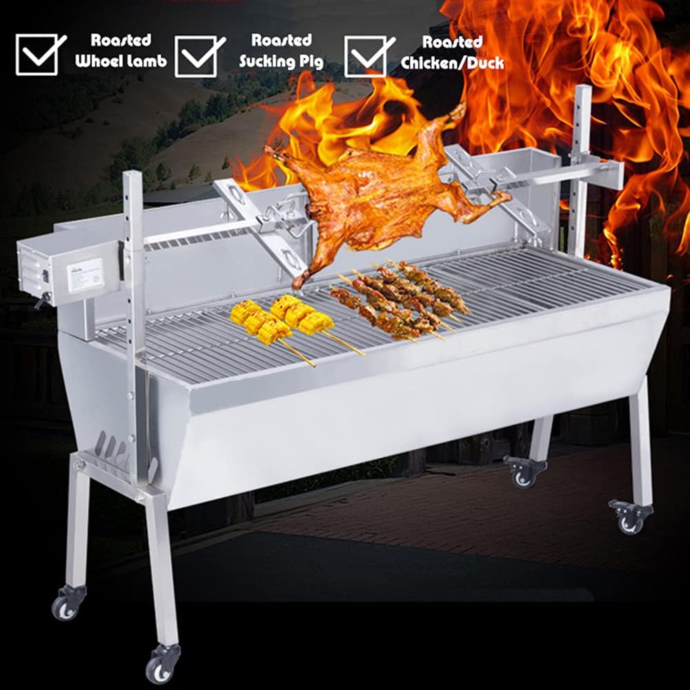 Rotisserie Grill Roaster 46 Inch Pig Grill Roaster Stainless Steel BBQ Charcoal Spit Electric Rotating Grill Lamb Spit Roaster 66lbs Capacity with Back Cover Guard