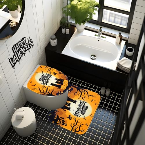 4Pcs Christmas Shower Curtain Set - Merry Christmas Bathroom Set Holiday Shower Curtain with Non-Slip Rugs, Toilet Lid Cover and Bath Mat