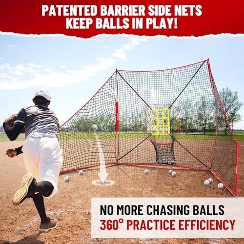 12x7 FT Baseball Net, Baseball & Softball Training Net with Barrier Side Nets - Pitching Net with Large Ball Collection System, Batting Practice Backstop, Baseball Training Equipment with Carry Bag
