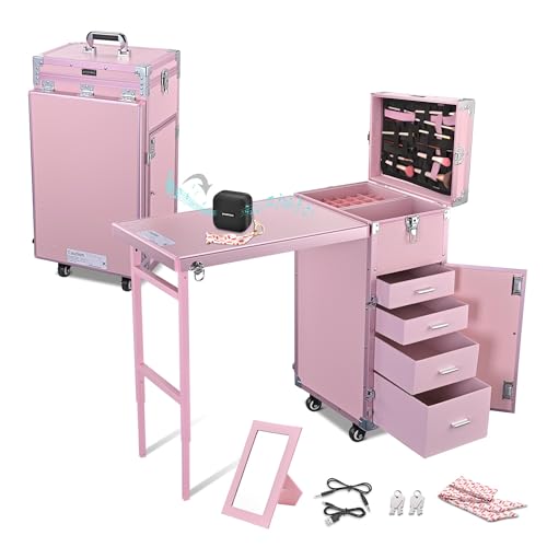 BYOOTIQUE Masslux Foldable Rolling Manicure Table Nail Desk Makeup Train Case with 4 Drawers Mirror & Speaker, Pink