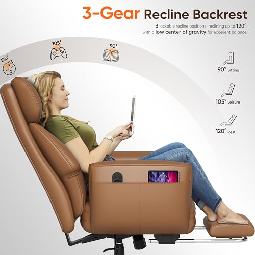 GABRYLLY Ergonomic Chair with Footrest – Wide Cross Legged Chair with Reversible Armrests, 120°Tilt, Heavy-Duty Base, Big and Tall Executive Chair Plus, Brown, GY82766