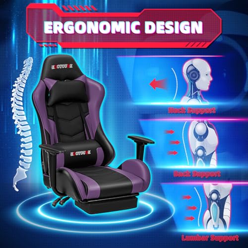 ECOTOUGE PC Massage Gaming Chair with Footrest Ergonomic Office Desk Chair Racing PU Leather Recliner Swivel Rocker with Headrest and Lumbar Pillow, Blue