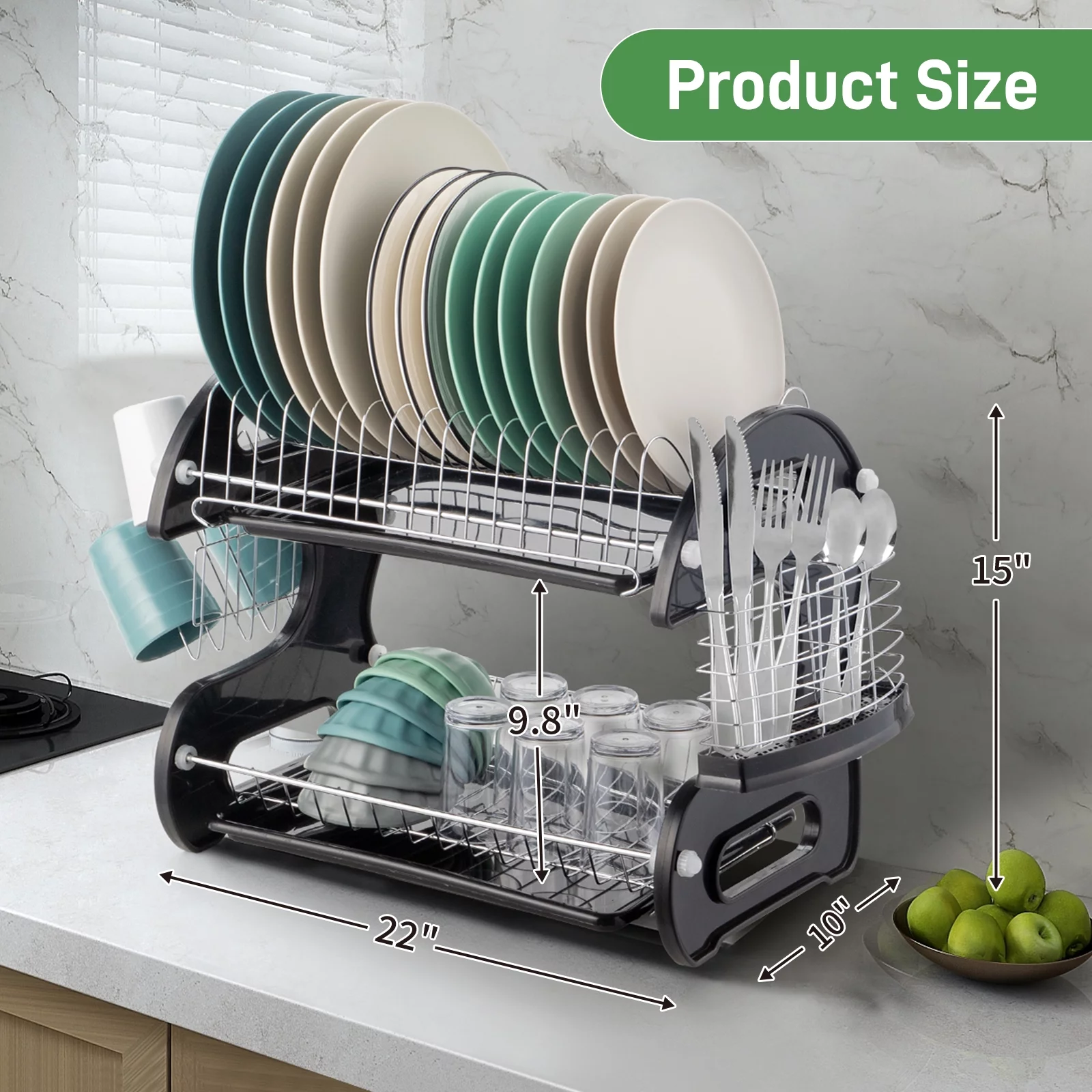 UBesGoo Home Basics Dish Plastic Drainer Washing Dryer, 2-Tier, Black