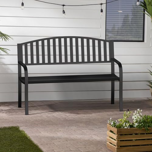 Outdoor Garden Bench, Wrought Iron Metal Frame Bench, Weatherproof & Anti-Rust Heavy-Duty Patio Park Bench for Front Porch, Yard, Lawn, Deck, Clearance