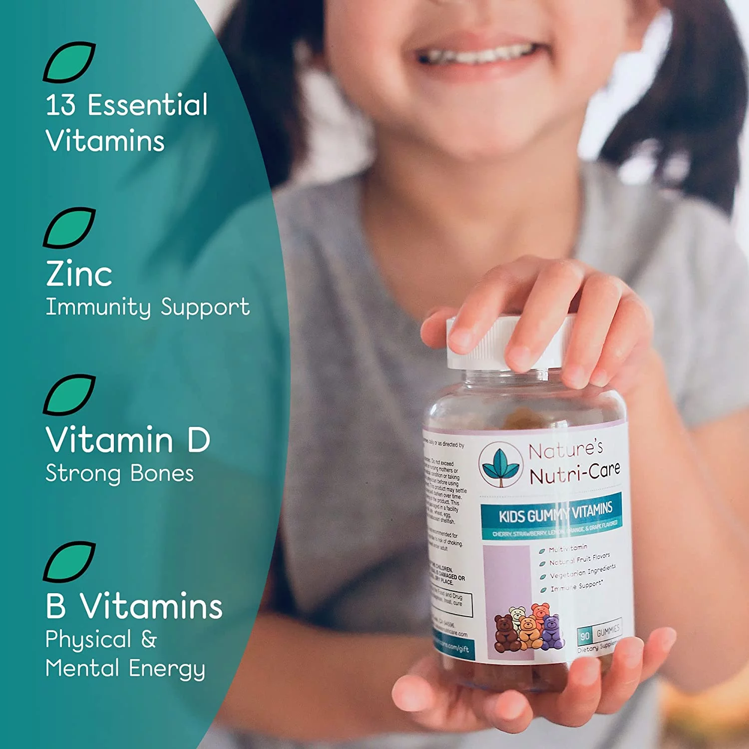 Nature s Nutri-Care Kids Gummy Vitamins - Kid Multivitamin Gummies with Vitamin C & D, Folate & Zinc Vitamins for Immunity Support, Grow & Gain Toddler Smart Focus, Chewable Vitamin Gummy for Children