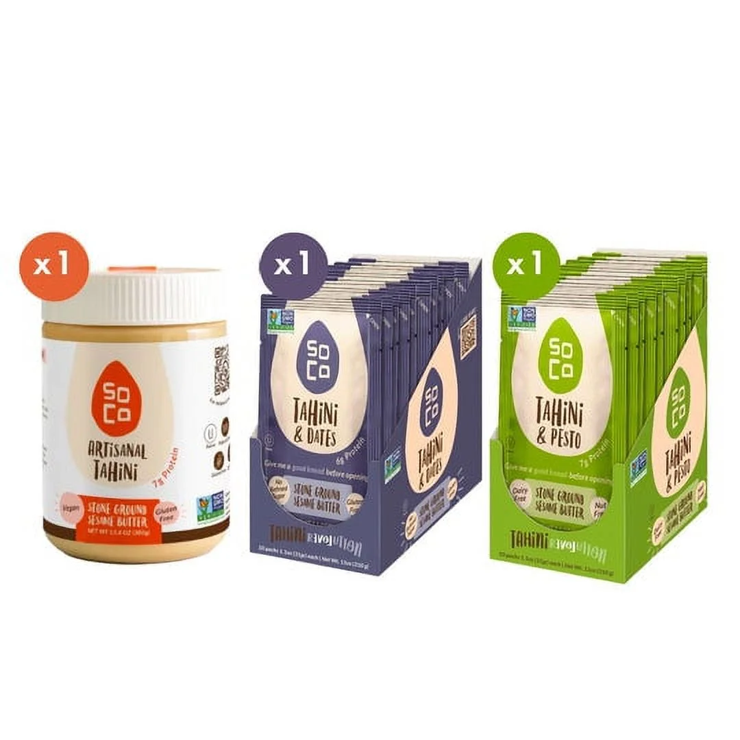 SoCo 1 x Artisanal Tahini Jar 1 x Tahini & Dates Squeeze Packs 1 x Tahini & Pesto Squeeze Packs each (Box of 10) Gluten-Free, Sugar-Free