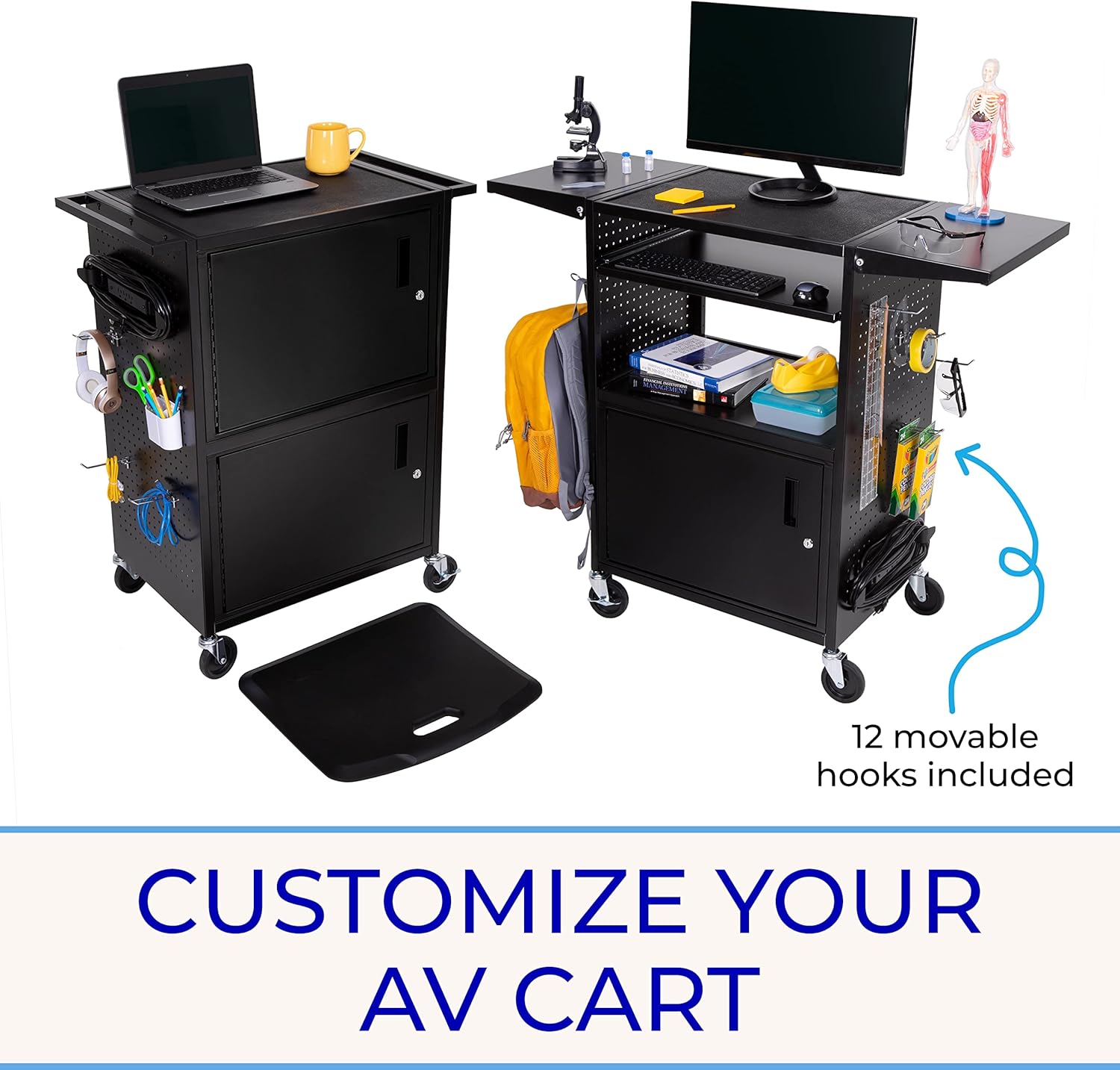 Line Leader Stellar AV Cart | Computer Cart with Pegboard Siding & 12 Hooks for Customizable Storage | Locking Cabinet & Pullout Keyboard Tray | UL Safety Certified Power Outlets | Locking Wheels