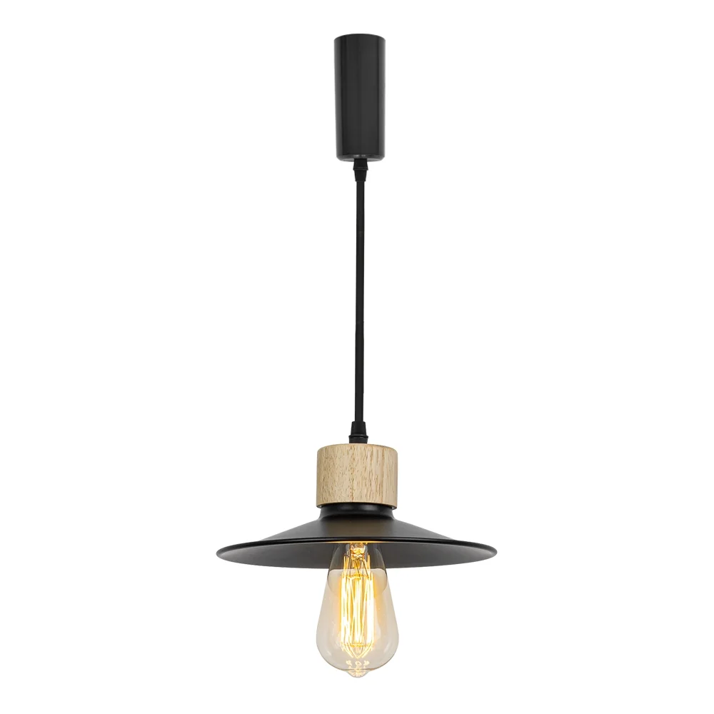 Track Lamp Wood Base,Black Metal Shade,Adjusted Cord,Track Pendant Light for Kitchen Dining Table Loft,(No Bulb, Track)