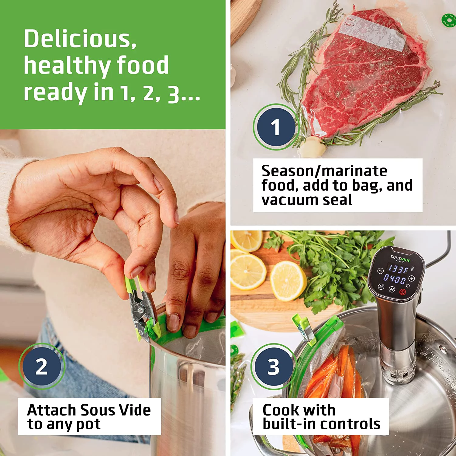 Sous Vide Cooker Kit ALL-IN-ONE - Sous Vide Machine 800W, 120V with Accurate Temperature Digital Timer, 30 Sous Vide Bags, Sous Vide Clips, Vacuum Pump, Cookbook with Recipes