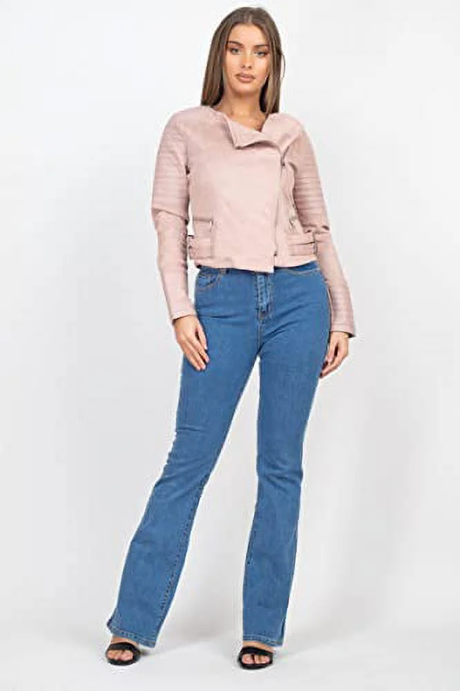 LA7 Quilted Sleeves Zip-Up Biker Jacket, Small Size with Dusty Blush Color.