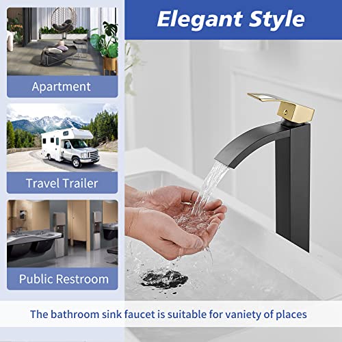 Brushed Nickel Vessel Sink Faucet, Waterfall Bathroom Faucets, Tall Spout Single Handle Single Hole Bathroom Faucets with Pop Up Drain and Without Overflow Basin Faucet Supply Line