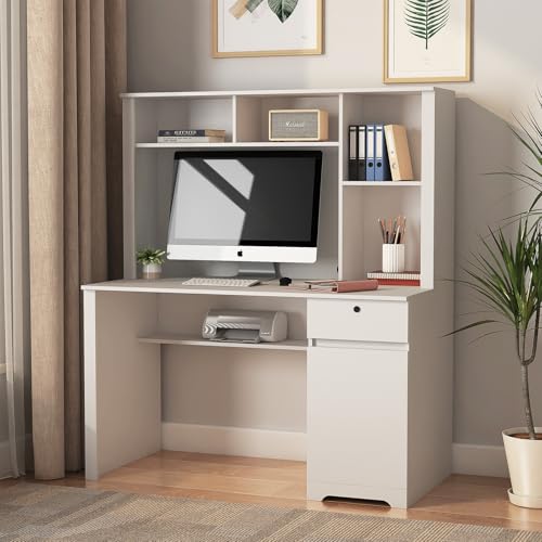 Computer Desk with Hutch & Bookshelf,Wood Executive Desk Teens Student Desk Writing Laptop Home Office Desk with Drawers,3 AC Outlets and 2 USB Charging Ports,Study Laptop Table for Home(White)