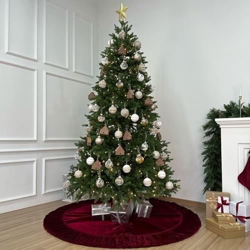60-Inch Ruffled Velvet Christmas Tree Skirt with Foam Padding, Nylon Backing and Lace-Up Tie Closure, Burgundy