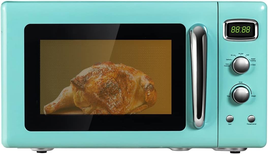Retro Microwave Oven, SIMOE Compact Countertop Microwave 0.9 cu.ft. 900 W, Defrost & Auto Cooking Function, LED Display, Child Lock and Glass Turntable, ETL Certification