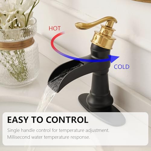 Vessel Sink Faucet, Oil Rubbed Bronze Black Bathroom Faucet, Farmhouse Waterfall Sink Faucet Single Hole with Pop Up Drain Assembly Without Overflow One Hole Mixer Tap Deck Mount