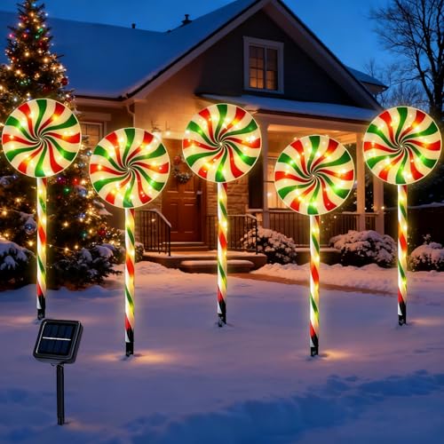 Christmas Decorations Outdoor Solar Pathway Lights, Set of 5 Waterproof Led Lollipop Peppermint Stake Lights, 8 Modes Candy Cane Landscape Garden Light for Xmas Patio Yard Walkway Decorations