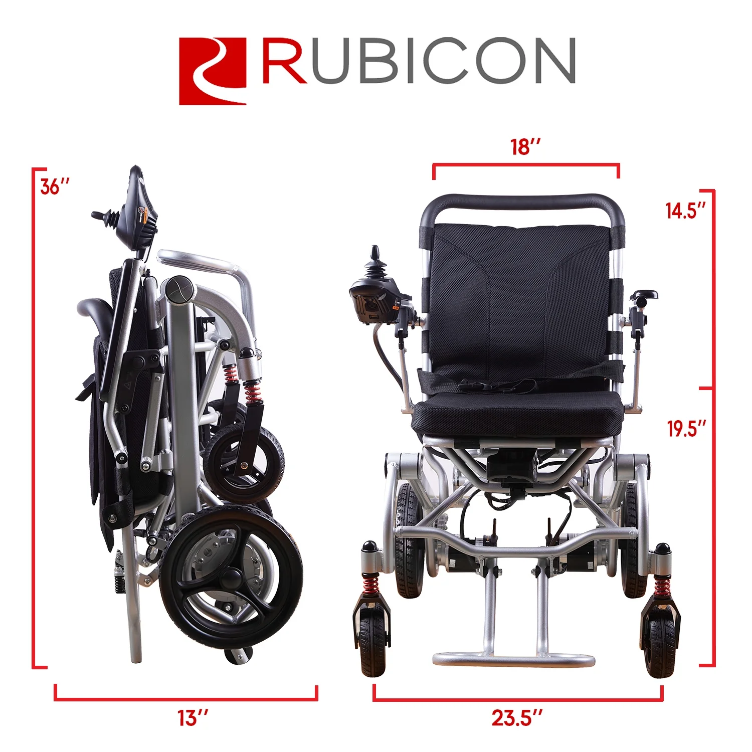 Rubicon Super Lightweight Foldable Electric Wheelchair - Easy to Use - 12 mi Cruise Range - Detachable Battery -  Liftable Armrest
