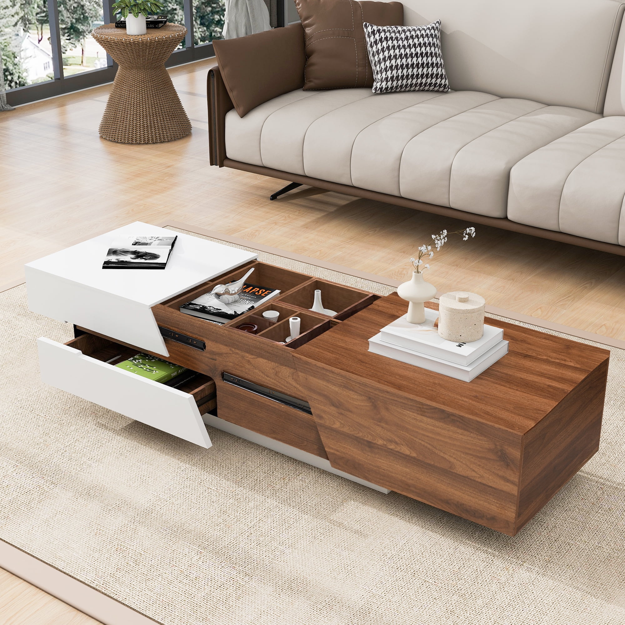 Churanty Extendable Coffee Table with Sliding Top Cocktail Table with Storage Drawers Modern Center Table for Living Room Small Space,Walnut