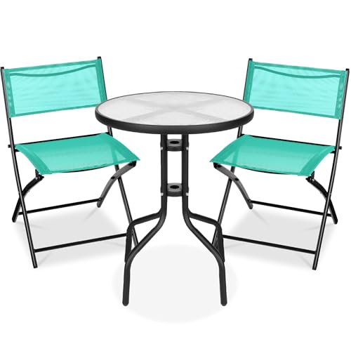 Best Choice Products 3-Piece Patio Bistro Dining Furniture Set w/Glass Tabletop, 2 Folding Chairs, Steel Frame, Polyester Fabric - Gray