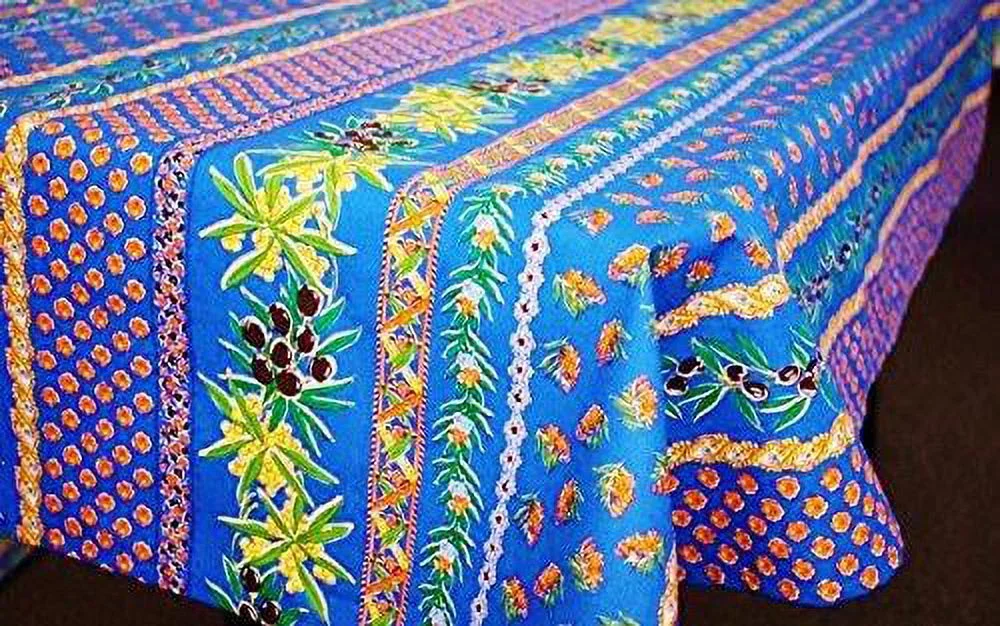 Le Cluny Olives and Mimosas Blue Coated Cotton Tablecloth 60”x120”