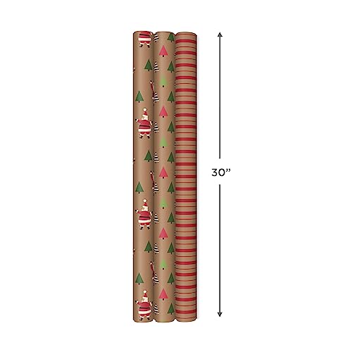 Hallmark Christmas Wrapping Paper Rolls, Brown Kraft Holiday Gift Wrap (Pack of 3: 90 sq. ft. ttl) Kraft with Santas, Trees, Stripes
