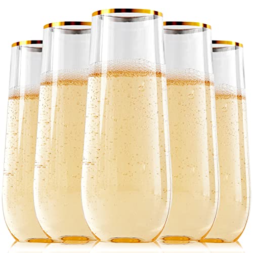 FOCUSLINE 24 Pack 9 Oz Plastic Stemless Gold Rim Champagne Flutes, Heavy Duty, Shatterproof, Disposable & Reusable Crystal Clear Toasting Glasses