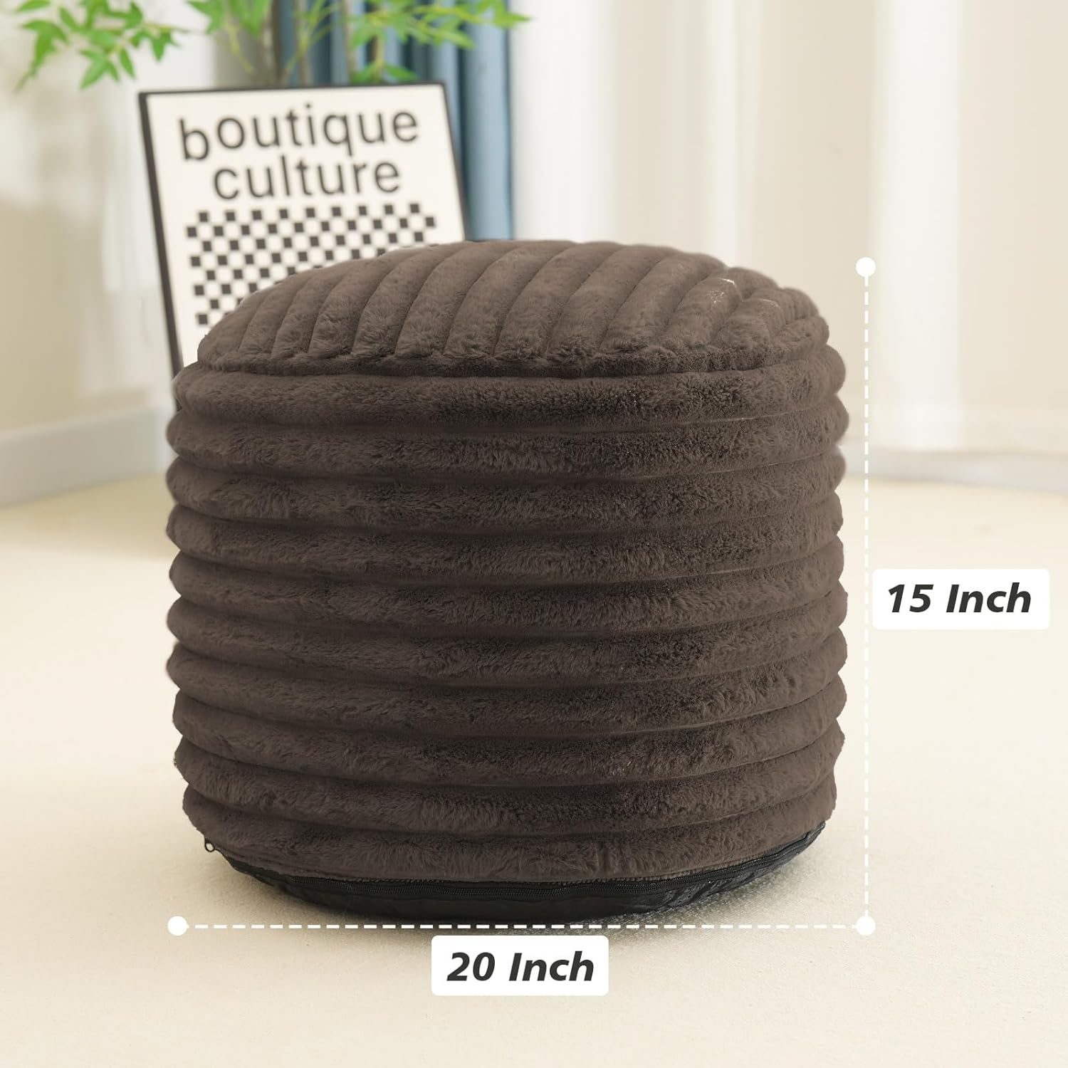 Pouf Ottoman Stuffed Round for Foot Rest, Faux Fur Poufs with Foam Chunk Filling, Storage Ottoman Pouf Foot Stool Cushion, 20 X 15 Inch Floor Chair for Living Room Bedroom Home Decor, Brown