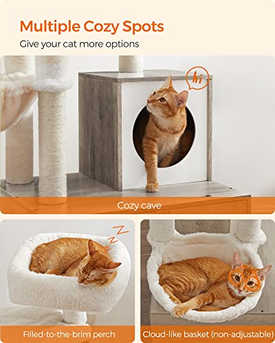 Feandrea Cat Tree with Litter Box Enclosure, 2-in-1 Modern Cat Tower, 55.1-Inch Cat Condo with Scratching Posts, Removable Pompom Sticks, Rustic Brown UPCT113X01