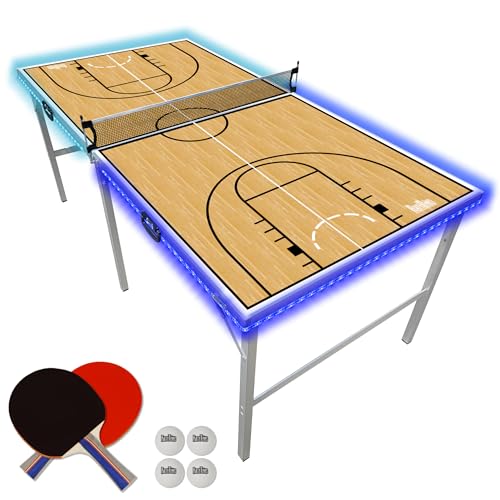 PartyLife 6 ft x 3 ft Ping Pong Table Tennis Table | Mid-Size Portable Folding Indoor Outdoor Ping Pong Table Tennis Table w/Optional LED Lights | Kids & Adults | Game Room | Not Full Size | Game Kit