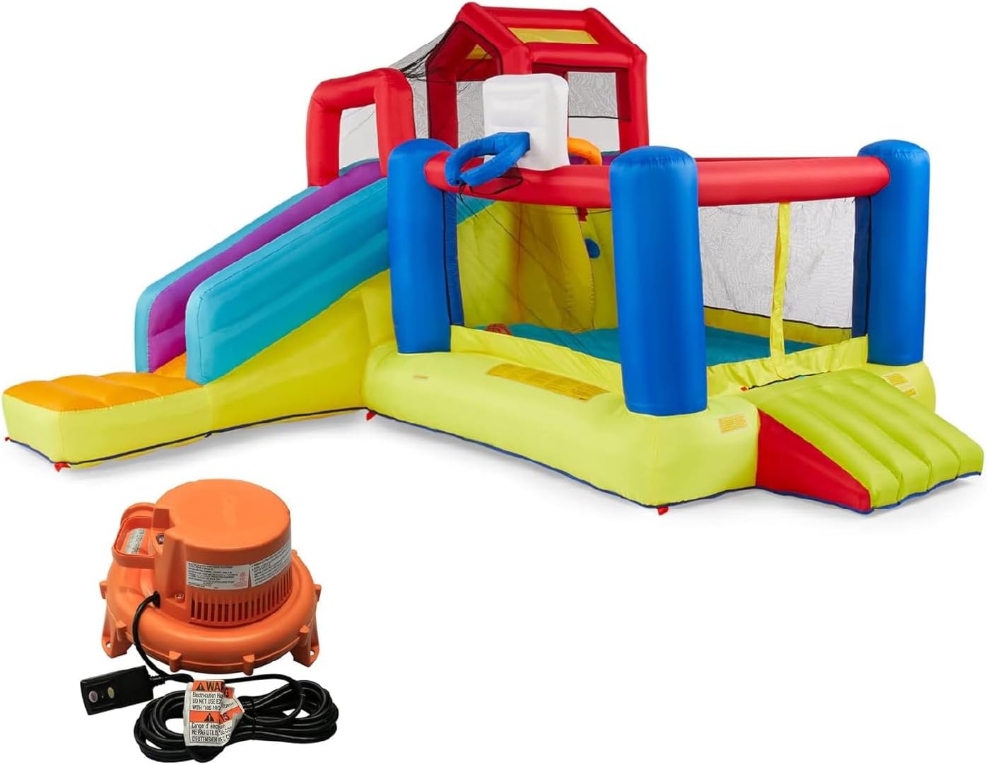 Banzai Climb ’N’ Bounce Bounce House with Slides, Basketball Hoops, Soccer Ball, and Blower