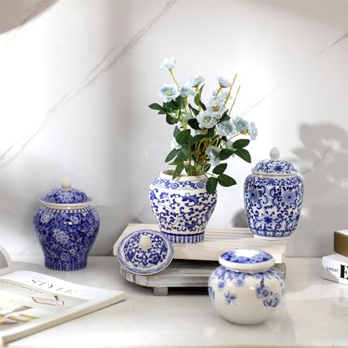 Hushee Set of 4 Small Blue and White Vase Porcelain Vases Blue Chinoiserie Decor Porcelain Ginger Jars for Home Decor Chinoiserie Vase for Bedroom Table Accent Shelf Tabletop Decor (Retro)
