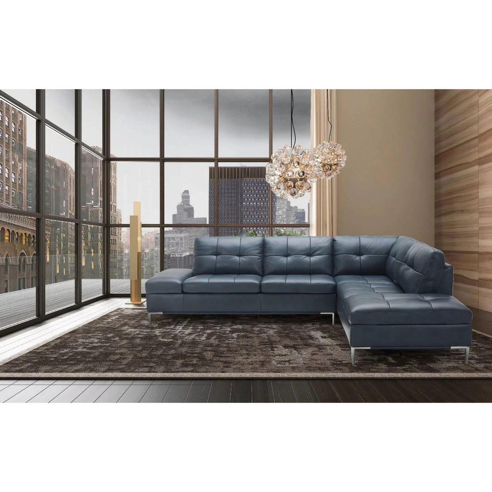 Leonardo Italian Leather Sectional Sofa in Blue, Left Hand Facing Chaise
