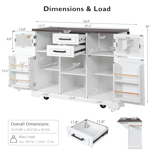 Amposei Drop Leaf Kitchen Island with Power Outlet 54.9’’ Rolling Storage Cart Cabinet on Wheels with Barn Doors, Drawers & Spice Rack (Black)