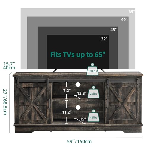 YITAHOME Farmhouse TV Stand for 65 Inch Television Stand, Entertainment Center with Storage Cabinets and Sliding Barn Doors, Rustic Media TV Console Table for Living Room, Grey White/Grey Wash