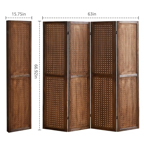 4 Panel Room Dividers and Folding Privacy Screens, 5.6Ft Wooden Pegboard Display, Privacy Dividers for Bedroom, Portable Dispxlay Board Organizer for Store, Jewelry Display, Light Brown