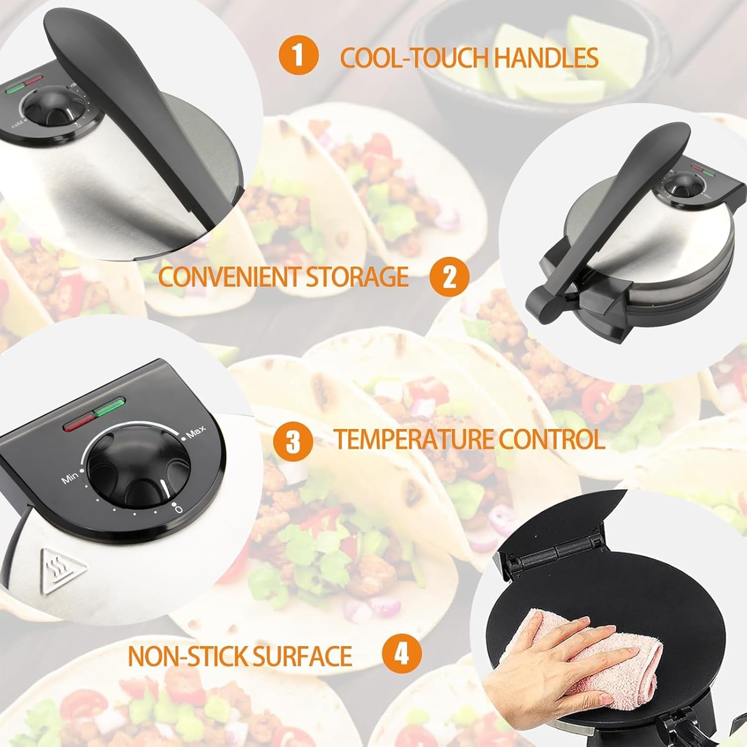 Electric Tortilla Maker 8 Inch Roti Maker Automatic Electric Tortilla Press with Handle Stainless Steel Non-Stick Electric machine Chapati Maker