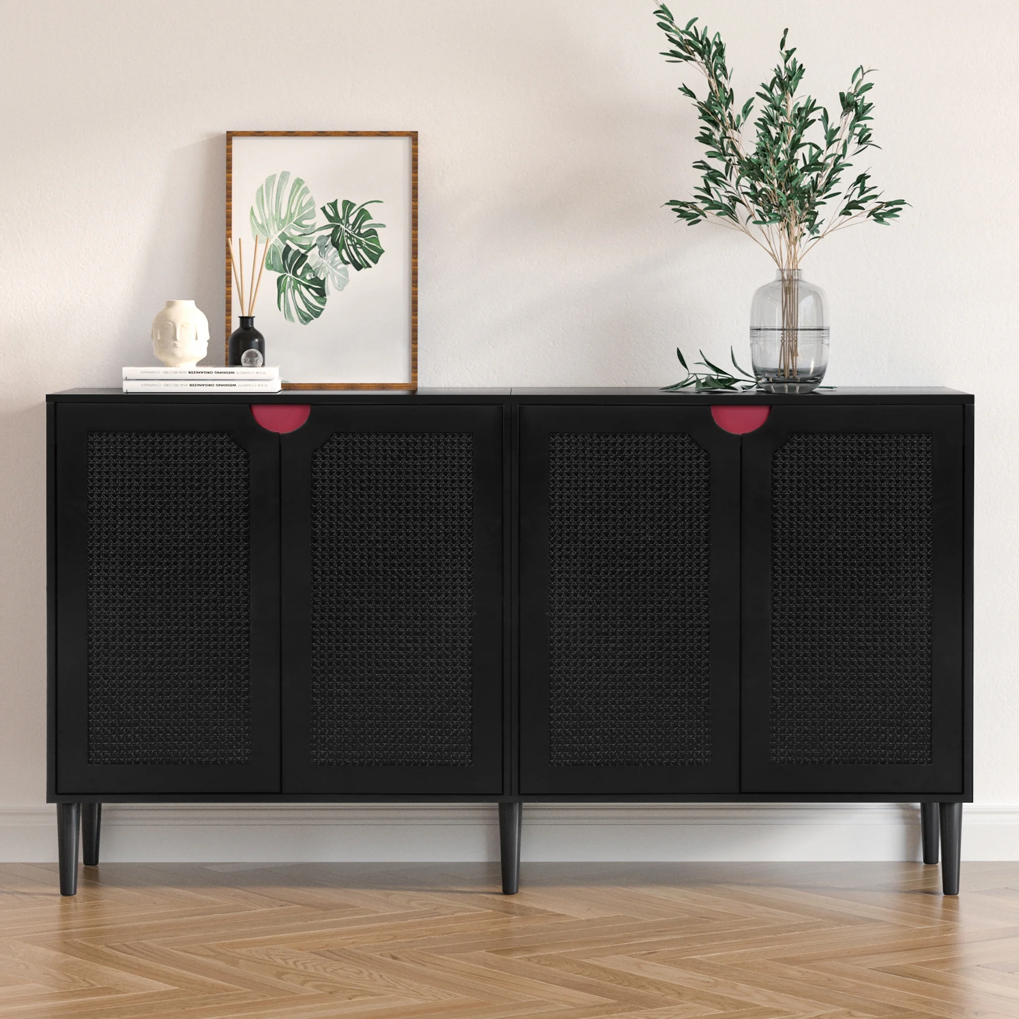 Eumyviv Mid Century Storage Cabinet, Rattan Buffet Sideboard with 4 Doors for Kitchen Living Room Bedroom Hallway, Black H0108