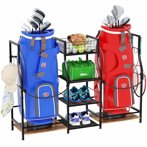 Golf Bag Storage Organizer for Garage, Golf Organizer Rack for 2 Golf Bags, Golf Bag Stand for Golf Bag Accessories, Freestanding Golf Club Holder for Garage, Shed, Home, Golf Gifts for Men