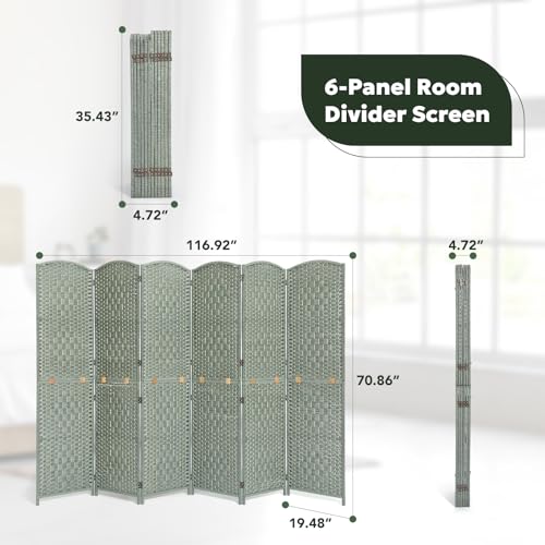 JOSTYLE Folding Privacy Room Divider, 4 Panel Screen Divider 6 ft. Tall Freestanding Extra Wide Rattan Room Partition Wall Separation Dividers, Grey