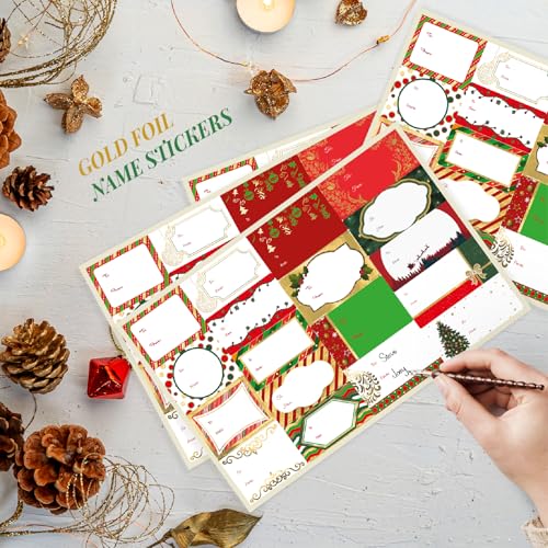 108 Pack Christmas Gift Name Tag Stickers with Gold Foil, 18 Assorted Patterns of to from Christmas Present Labels for Kids, Adults, Family, Friends, and Business.