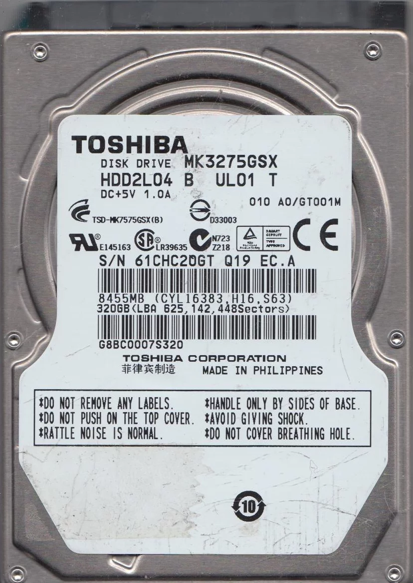 MK3275GSX, A0/GT001M, HDD2L04 B UL01 T, Toshiba 320GB SATA 2.5 Hard Drive