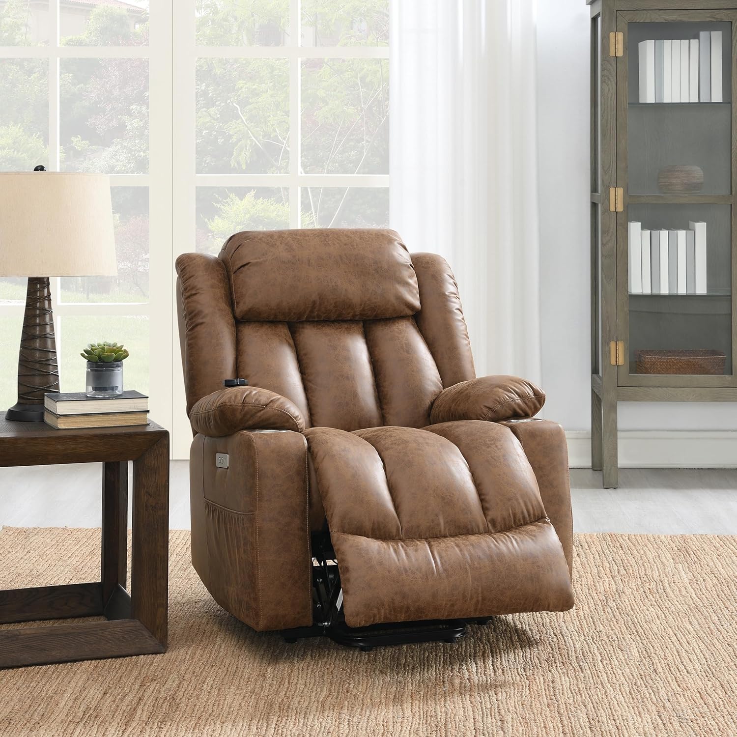 VOXIV Power Lift Recliner Chair for Elderly with Heat and Massage Lay Flat Lift Chairs for Seniors Infinite Position Extended Footrest Cup Holder Pockets Brown Leather Aire