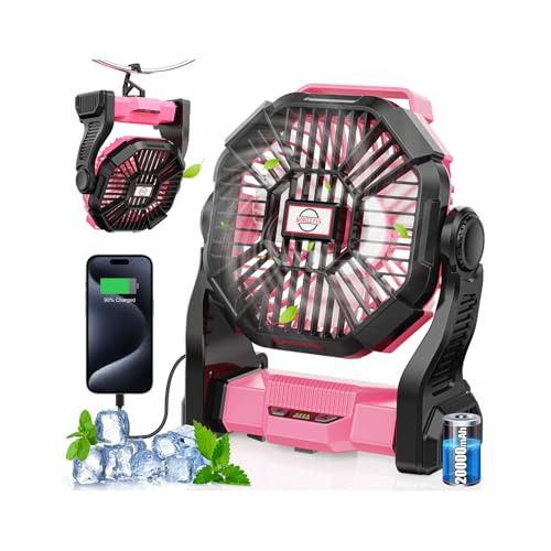30000mAh Rechargeable Camping Fan with LED Lantern,Portable Battery Powered Outdoor Fan for Bedroom,Camping,Travel,Hiking,Beach,Office,Trave Accessories(Pink)